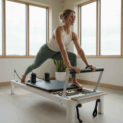 Kvinde laver øvelser på en Pilates Reformer.