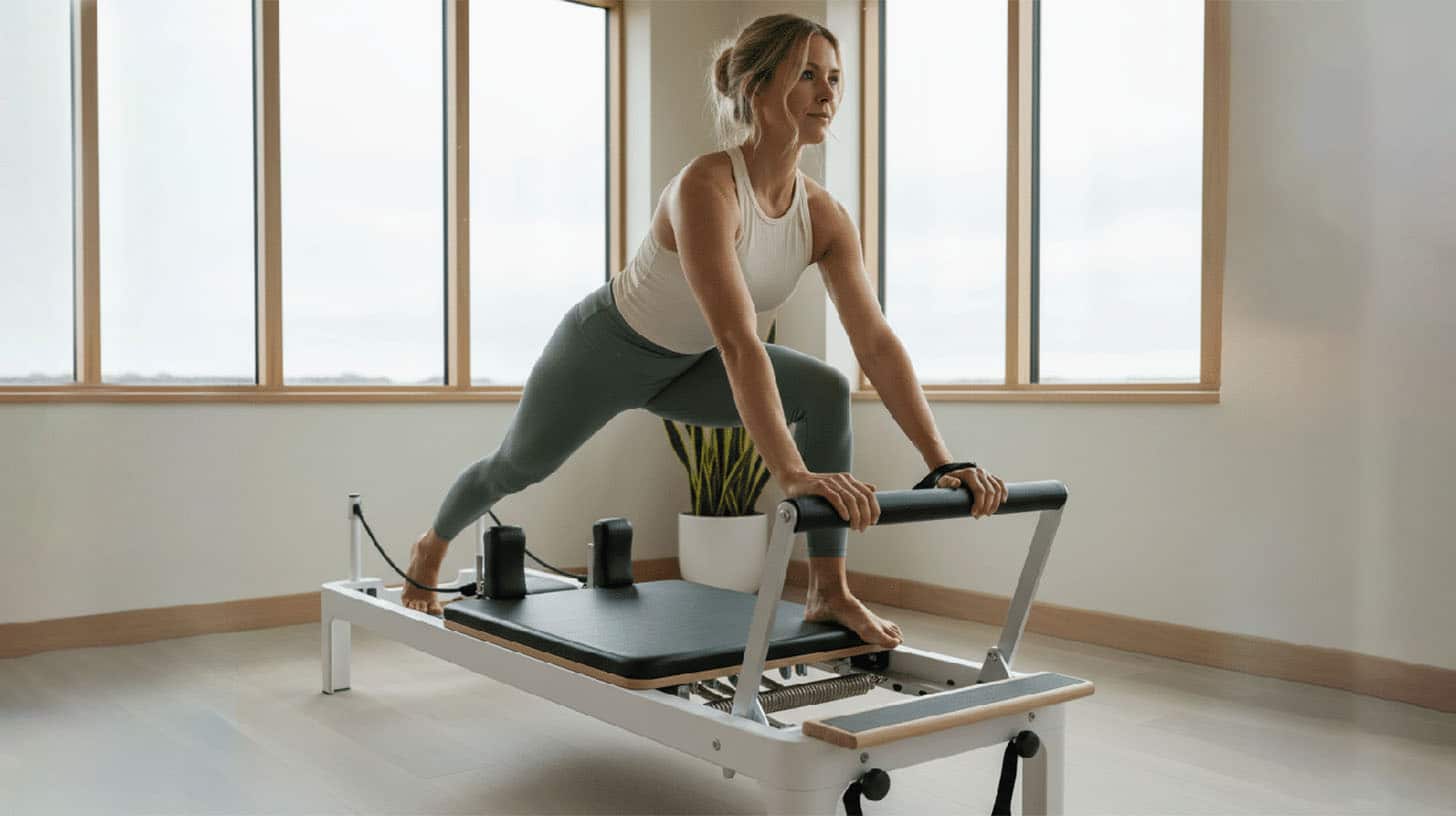 Kvinde laver øvelser på en Pilates Reformer.