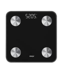 Sort badevægt med fire sølvcirkler og digital display.