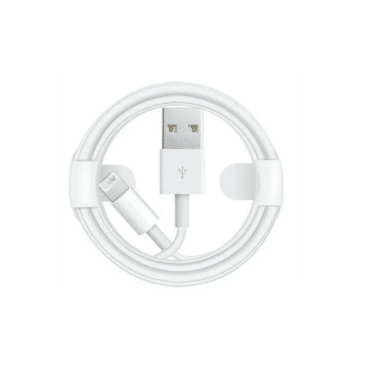 Hvid iPhone USB-laderkabel på 1 meter, rullet sammen med både USB-A og Lightning-stik synlige.