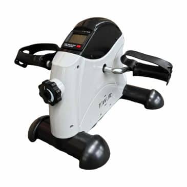 En hvid mini motionscykel med sort display.