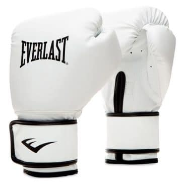 Everlast Core2 hvide boksehandsker med sort logo og velcrolukning, designet til træning og konkurrence.