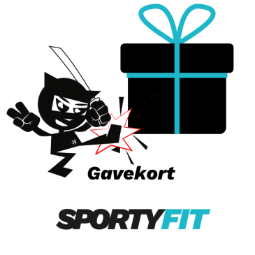 En tegneseriefigur holder en gave og laver fredstegn. Teksten "Gavekort" og "SPORTYFIT" vises.