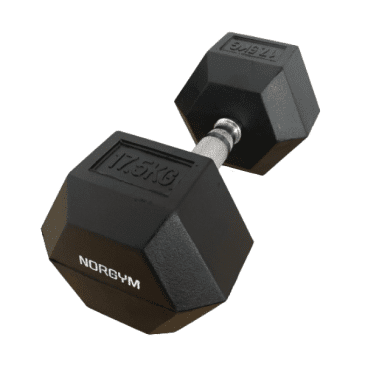 Håndvægt hexagon 15 kg Sort håndvægt med hexagonale ender og en vægt på 17,5 kg. Håndtaget er metal, og mærket NORGYM er synligt.