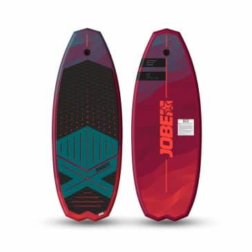 Jobe Pace Wakesurfer er rød og sort med mønstre og logoer, har en struktureret overflade og en moderne stil.