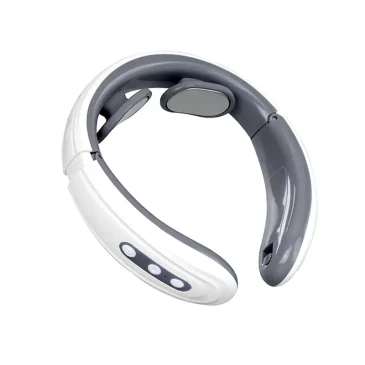 Neck Massager Lux er en hvid og grå nakkemassager med tre knapper på siden. Den er U-formet og ergonomisk designet.