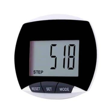 En skridttæller med en digital skærm, der viser 518 skridt. Tre knapper: "Reset," "Set," og "Mode" nederst.