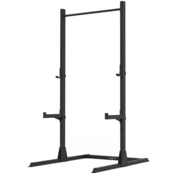 Sort squat stativ med justerbare holdere og pull-up bar øverst. Stabil base for sikker træning.