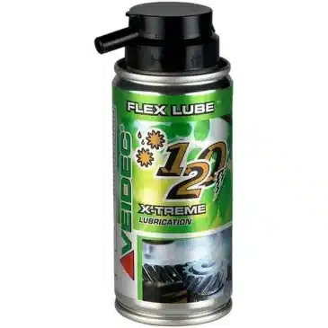 En grøn og sølv spraydåse mærket "VEIDEC FLEX LUBE X-TREME". Den har en sort hætte og et billede af tandhjul.
