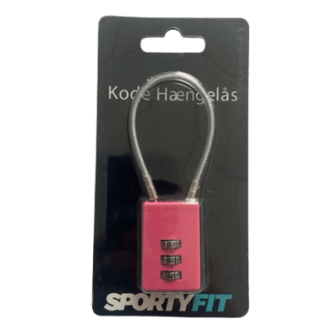 Lyserød kodelås med tre cifre på sort emballage. Mærket "SPORTYFIT" nederst. Tekst: "Kode Hængelås".